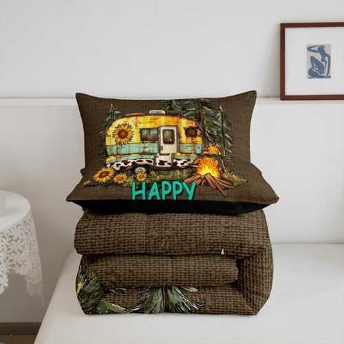 Erosebridal RV Camper Queen Comforter Set,Happy Camping Bedding Sets for Travel Trailer,Farmhouse Sunflower Quilt Bed Set for Kids Adults,Country Floral Bedroom Decor,2 Pillowcases Lightweight - Image 5