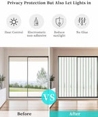Window Privacy Film Frosted, Green Lines Non-Adhesive Static Cling Window Tint, Modern Vertical Striped Vintage Minimalist Insulated Windows Frosted Films for Living Room, 35.4 x 78.7 Inches - Image 6