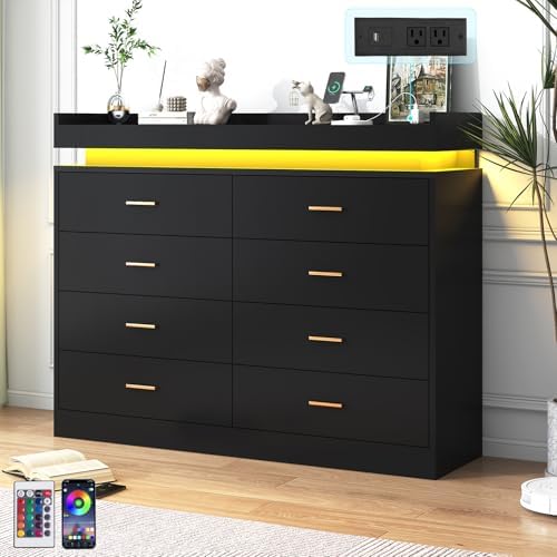 jiteentarou 8 Drawer Dresser with Charging Station and LED Lights, Modern Chest of Drawers with Power Outlet, Organizer Cabinet for Bedroom, Living Room, Black by jiteentarou