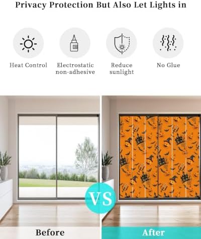 Window Privacy Film Frosted, Orange Pumpkins Halloween Static Cling Door Window Covering, Horror Haunted Houses UV Blocking Windows Film for Office, Hotel, Bedroom, 29.5 x 78.7 Inches - Image 6