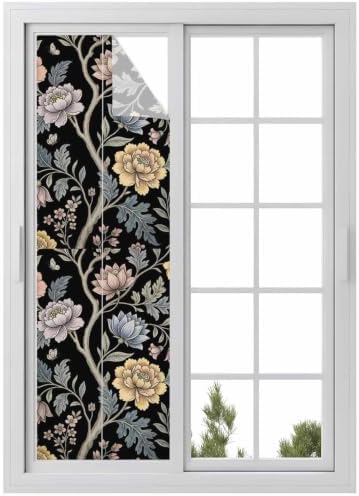 Window Privacy Film Frosted, Vintage Garden Flower Reusable Static Cling Window Tints, Rustic Floral Leaf Pastoral Black Heat Control Windows Films for Offices, Balcony, 29.5 x 118 Inches by Unknown