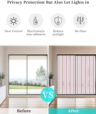 Window Privacy Film Frosted, Pink Brown Striped Non-Adhesive Static Cling Window Tint, Modern Farmhouse Vertical Stripes Insulated Windows Frosted Films for Living Room, 35.4 x 78.7 Inches - Image 6