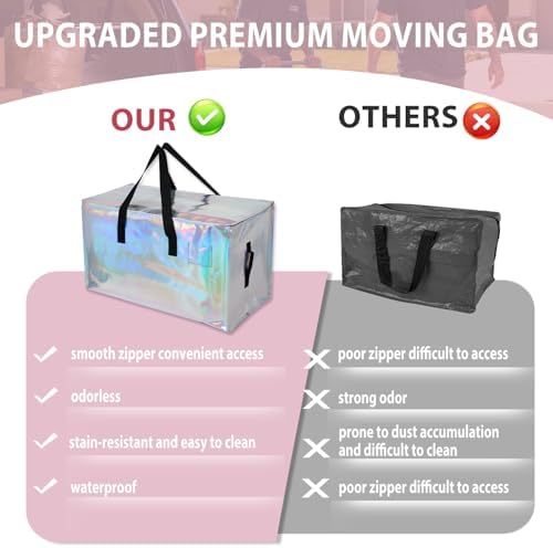 6 Pack Moving Bags Heavy Duty, Extra Large Moving Bags, Moving Supplies, Storage Bags with Handles and Zippers, Waterproof Totes for Storage Saving Packaging Shipping and Travel(Laser Silver) - Image 5