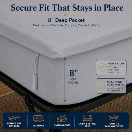 Zipper Cot Fitted Sheet, 30 x 80 Camping Cot Mattress Sheets, 400 Thread Count 100% Cotton, Includes 1 Wraparound Base, 2 Removable Zipper Top Sheets & 2 Pillowcases, 8 Inch Deep Pocket, Light Grey - Image 5