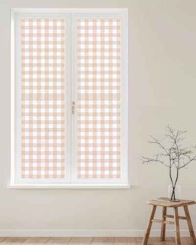 Window Privacy Film Frosted, Farmhouse Plaid Reusable Static Cling Window Tints, Cream Classic Buffalo Check Rustic Heat Control Windows Films for Offices, Balcony, 29.5 x 118 Inches - Image 2