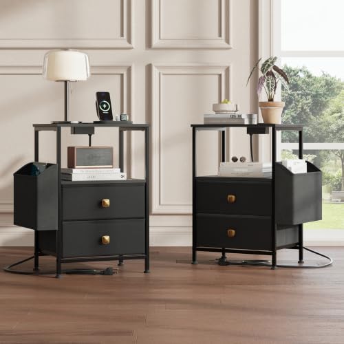 MALOL Night Stands for Bedrooms Set of 2 with Charging Station, Black by MALOL