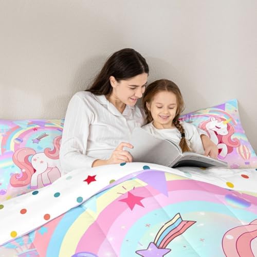 Erosebridal Unicorn Full Bedding Sets for Girls Cute Rainbow Unicorn Comforter Set Bedroom Decor for Girls Kids Horse Duvet Set Ombre Bedding Stars Magical Animal Down Comforter Reverse 3Pcs - Image 6