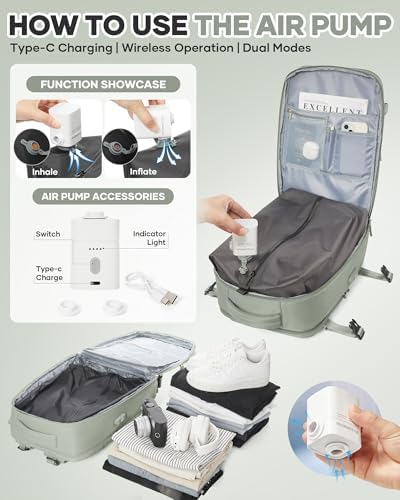 Vacuum Seal Travel Backpack with Air Pump Compression Waterproof Vacpack Carry On Backpack for Travel Daypack Women Men with Vacuum System Airlines Approved Vacpack Laptop Space Saver Bags GrassGreen - Image 2
