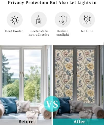Window Privacy Film Frosted, Vintage Garden Flower Reusable Static Cling Window Tints, Rustic Floral Leaf Pastoral Beige Heat Control Windows Films for Offices, Balcony, 29.5 x 118 Inches - Image 6