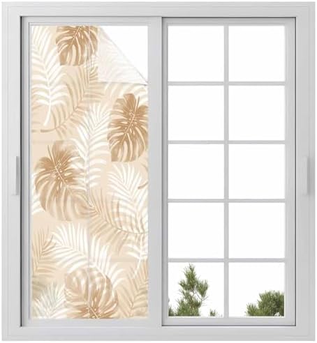 Window Privacy Film Frosted, Beige Palm Trees Tropical Static Cling Door Window Covering, Summer Beach Botanical UV Blocking Windows Film for Office, Hotel, Bedroom, 29.5 x 78.7 Inches by Unknown