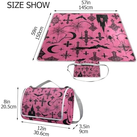 MNSRUU Picnic Blanket Waterproof Foldable, Gothic Bat Moon Castle Large Outdoor Picnic Beach Camping Blanket Travel Mat, Shoulder Strap Tote, Rectangle 57x59in - Image 3