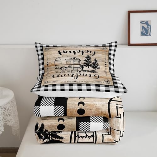 Erosebridal Rv Camper Bedding Set for Bunks,Happy Camping Comforter Sets Queen Black White Buffalo Plaid Quilt Comforter for Travel Trailers Farmhouse Cabin Decor Bed Set 2 Pillow Cases - Image 6