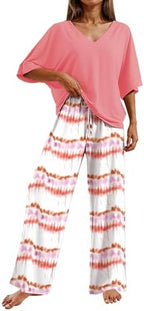 Ekouaer Pajama Sets Womens 2 Piece Short Sleeve Long Pants Pjs Lounge Set by EKOUAER