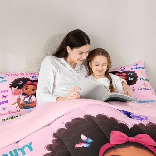 Erosebridal Black Girls Magical Bedding Set Butterflies Inspirational Quotes King Comforter Set African American Comforter Afro Black Princess Girl Duvet Insert for Nursery Kids Pink Room Decor - Image 6