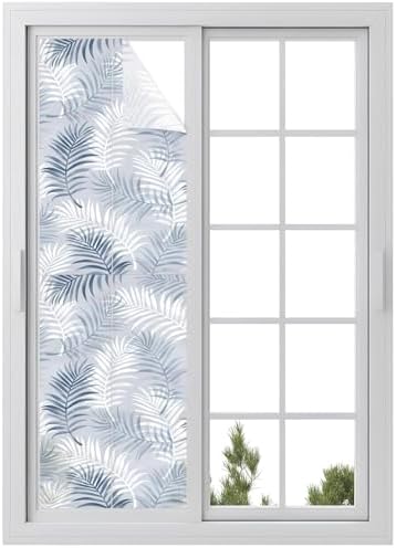 Window Privacy Film Frosted, Navy Blue Botanical Reusable Static Cling Window Tints, Summer Palm Leaves Foliage Tropical Heat Control Windows Films for Offices, Balcony, 29.5 x 118 Inches by Unknown