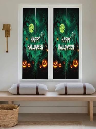 Window Privacy Film Frosted, Halloween Reusable Static Cling Window Tints, Green Spooky Pumpkin Ghost Moonlight Castle Heat Control Windows Films for Offices, Balcony, 29.5 x 118 Inches - Image 5