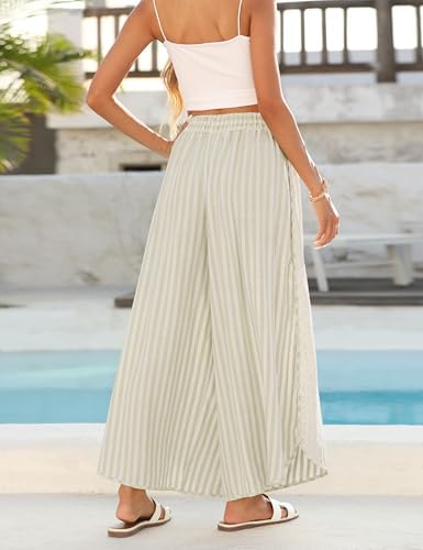 Athlisan Womens Summer Casual Loose Striped Wide Leg Lounge Pants Elastic Waist Palazzo Trousers - Image 4