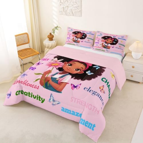 Erosebridal Black Girls Magical Bedding Set Butterflies Inspirational Quotes King Comforter Set African American Comforter Afro Black Princess Girl Duvet Insert for Nursery Kids Pink Room Decor - Image 3