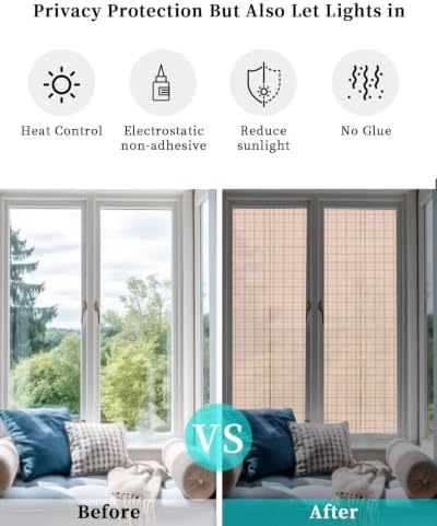 Window Privacy Film Frosted, Cream Buffalo Plaid Reusable Static Cling Window Tints, Modern Farmhouse Peach Pink Checkered Heat Control Windows Films for Offices, Balcony, 29.5 x 118 Inches - Image 6
