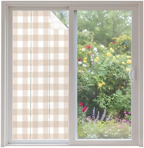 Window Privacy Film Frosted, Farmhouse Plaid Non-Adhesive Static Cling Window Tint, Cream Classic Buffalo Check Rustic Insulated Windows Frosted Films for Living Room, 35.4 x 78.7 Inches by Unknown