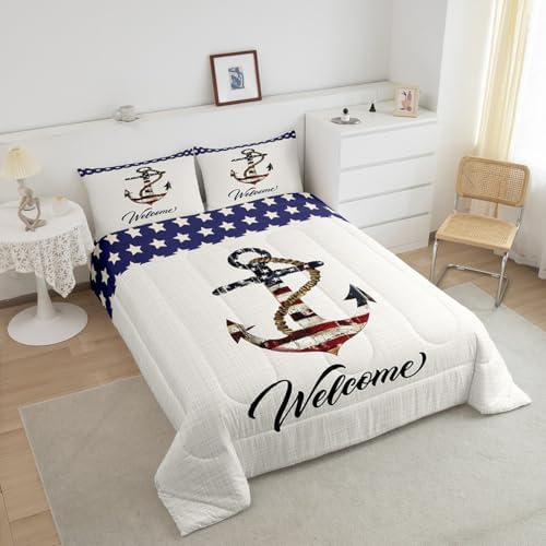 Castle Fairy American Flag Anchor Bedding Set King Size,Nautical Adventure Comforter for Kids Teens Boys Room Decor,Navy Blue Geometric Star Quilt Vintage White Duvet Insert,2 Pillowcases Anchor 6 - Image 3