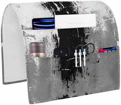 Sofa Armrest Organizer Bedside Caddy, Black Cement Gray Non Slip Couch Remote Control Holder for Recliner, Modern Abstract Art Black Armchair Caddy with Pocket for Magazine, Phone, 19.7"x35" by Unknown