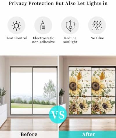 Window Privacy Film Frosted, Pumpkins Sunflower Fall Non-Adhesive Static Cling Window Tint, Thanksgiving Botanical Wooden Insulated Windows Frosted Films for Living Room, 35.4 x 78.7 Inches - Image 6