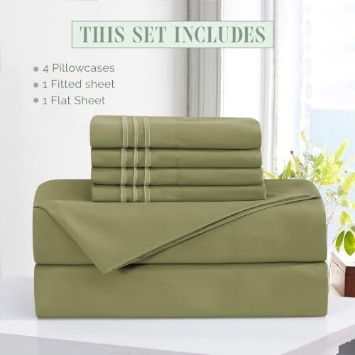 Elegant Comfort Luxury Soft 6-Piece 1500 Premium Hotel Quality Bed Sheet Set with Extra Deep Pockets 18-24 Inch, Wrinkle Free, Storage Pockets, Extra Deep Pocket 6PC Sheets, King, Sage Green - Image 3