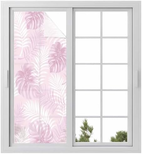 Window Privacy Film Frosted, Pink Yellow Palm Trees Tropical Static Cling Door Window Covering, Summer Beach Botanical UV Blocking Windows Film for Office, Hotel, Bedroom, 29.5 x 78.7 Inches by Unknown