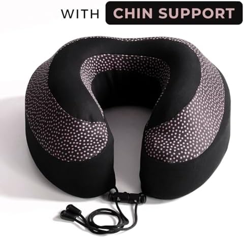 Neck Pillow for Travel | Memory Foam Neck Pillow with Chin Support | Travel Pillow | Adjustable Rope Lock | Removable & Washable Cover with Travel Bag | Travel Essentials | Pink & Black - Image 2