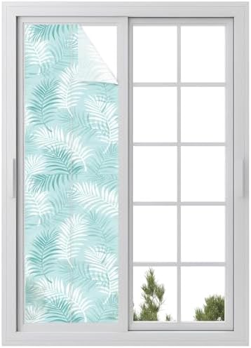 Window Privacy Film Frosted, Teal Blue Botanical Reusable Static Cling Window Tints, Summer Palm Leaves Foliage Tropical Heat Control Windows Films for Offices, Balcony, 29.5 x 118 Inches by Unknown