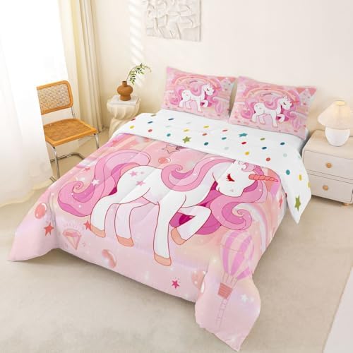 Erosebridal Unicorn Bedding Set for Girls King Kawaii Rainbow Unicorn Comforter Set Unicorn Bedroom Decor for Girls Kids Cartoon Horse Duvet Set Ombre Unicorn Stars Quilt Comforter Pink 3 Pcs - Image 3