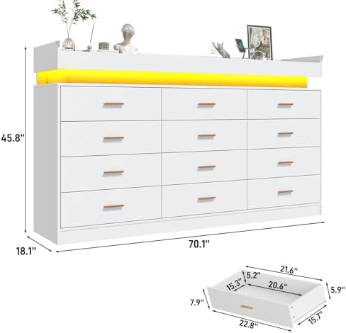 jiteentarou 12 Drawer Dresser with Charging Station and LED Lights, Modern Chest of Drawers with Power Outlet, Organizer Cabinet for Bedroom, Living Room, Entryway, White - Image 2