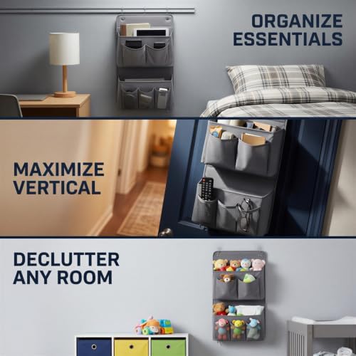2 Pcs Wall Hanging Organizer with 4 Hooks, Oxford Fabric Over the Door Organizer with Mesh Pockets, Space Saving Storage Bag for Bedside Dormitory Bedroom, Books and Electronics, Grey - Image 5