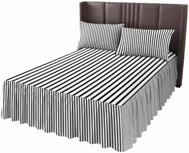 Ruffle Skirt Bedspread for Queen Size Bed Modern Black White Stripe 3 Piece Bedding Cover with Pillow Sham,18In Drop Bedskirt Coverlet for Bedroom Dorm Geometric Line Minimalist Style - Image 6