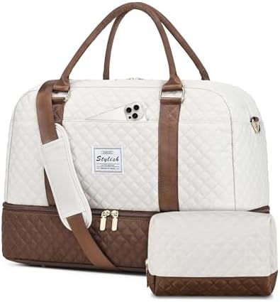 Weekender Bags for Women Travel Bag - Duffle Bag with Shoe Compartment Carry on Overnight Bag for Women Hospital Bags for Labor and Delivery 2Pcs Set Beige Brown by CAYINTOP
