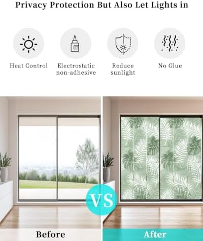 Window Privacy Film Frosted, Sage Green Palm Trees Tropical Non-Adhesive Static Cling Window Tint, Summer Beach Botanical Insulated Windows Frosted Films for Living Room, 35.4 x 78.7 Inches - Image 6