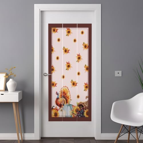 Window Privacy Film Frosted, Thanksgiving Fall Non-Adhesive Static Cling Window Tint, Pink Turkey Pumpkin Flowers Stripe Rustic Insulated Windows Frosted Films for Living Room, 35.4 x 78.7 Inches - Image 3