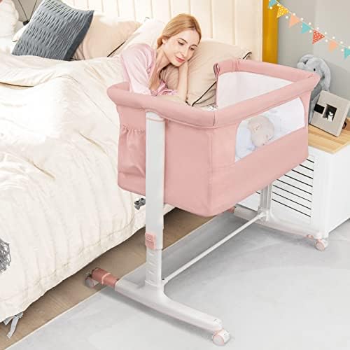 BABY JOY Bassinet Bedside Sleeper, 3 in 1 Folding Crib w/Adjustable Height, Mattress, Lockable Wheels, Storage Pocket & Carry Bag for Infant Newborn, Stationary & Rock, Portable Baby Bassinet (Pink) by BABYJOY