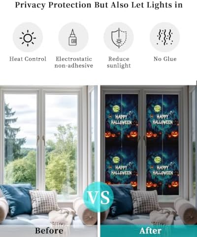 Window Privacy Film Frosted, Halloween Reusable Static Cling Window Tints, Blue Spooky Pumpkin Ghost Moonlight Castle Heat Control Windows Films for Offices, Balcony, 29.5 x 118 Inches - Image 6