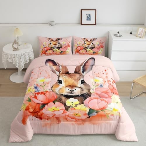 Cute Rabbit Bedding Set Floral Comforter Set for Kids Boys Girls Teens Room by Feelyou