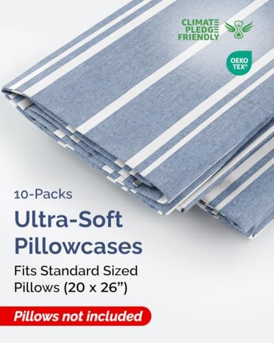 Standard Pillow Cases - 10 Pack Pillowcase Covers, 20" x 26" - Blue Stripes - Image 2