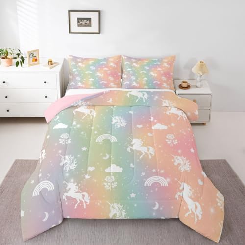 Erosebridal Girls Unicorn Toddler Bedding Set Rainbow Unicorn Comforter Set for Kids Child Ombre Stars Moon Comforter Fantasy Girls Room Decor Rose Flower Duvet Insert Cartoon Kawaii Bed Set by Erosebridal