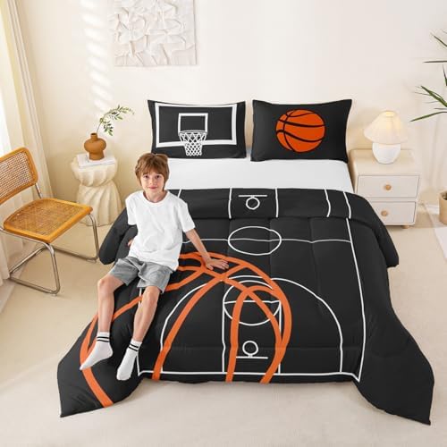 Castle Fairy Basketball Court Print Bedding Set for Boys Girls,Ball Sports Games Themed All Season Cozy Comforter Set Full Size,Orange Basketball and Hoop Duvet Set Home Decor,Children Birthday Gift - Image 3