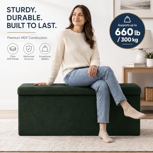 ALASDO 43 Inch Folding Storage Ottoman Bench with Hidden Storage, Velvet Storage Ottoman Foot Rest Stool, End of Bed Bench for Bedroom, Living Room, Entryway and Closet, Dark Green - Image 3
