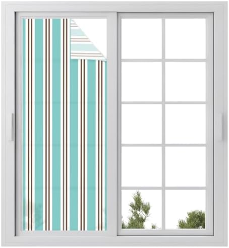 Window Privacy Film Frosted, Teal Brown Striped Static Cling Door Window Covering, Modern Farmhouse Vertical Stripes UV Blocking Windows Film for Office, Hotel, Bedroom, 29.5 x 78.7 Inches by Unknown