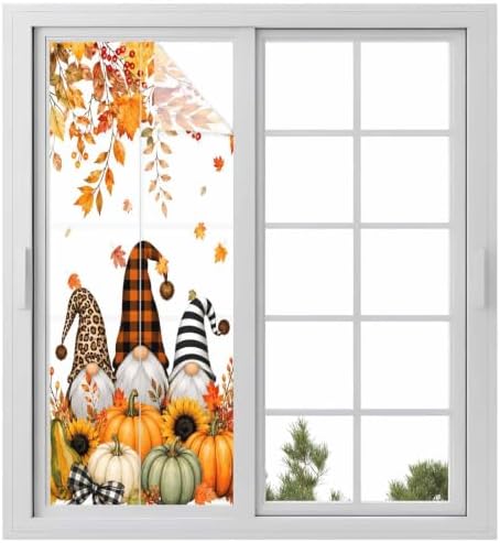 Window Privacy Film Frosted, Thanksgiving Fall Static Cling Door Window Covering, Gnomes Orange Green Pumpkin Leaves UV Blocking Windows Film for Office, Hotel, Bedroom, 29.5 x 78.7 Inches by Unknown