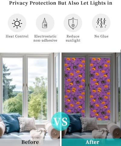 Window Privacy Film Frosted, Pumpkins Halloween Reusable Static Cling Window Tints, Horror Haunted Houses Purple Heat Control Windows Films for Offices, Balcony, 29.5 x 118 Inches - Image 6