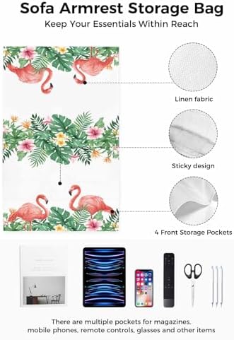 Sofa Armrest Organizer Bedside Caddy, Tropical Non Slip Couch Remote Control Holder, Green Palm Leaves Pink Flamingo Flowers Arm Chair Caddy with Pocket for Phone, 19.7''x35'' - Image 2