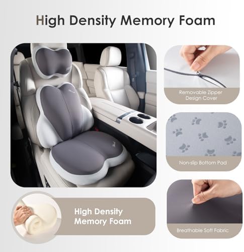 FLORICH 3 PCS Seat Cushion for Carseat Lumbar Support Pillow Car Neck Headrest Pillows Ultrathick Memory Foam Seat Pads Pressure Relief Back Cushion for Office Chair(Beige Grey) - Image 4